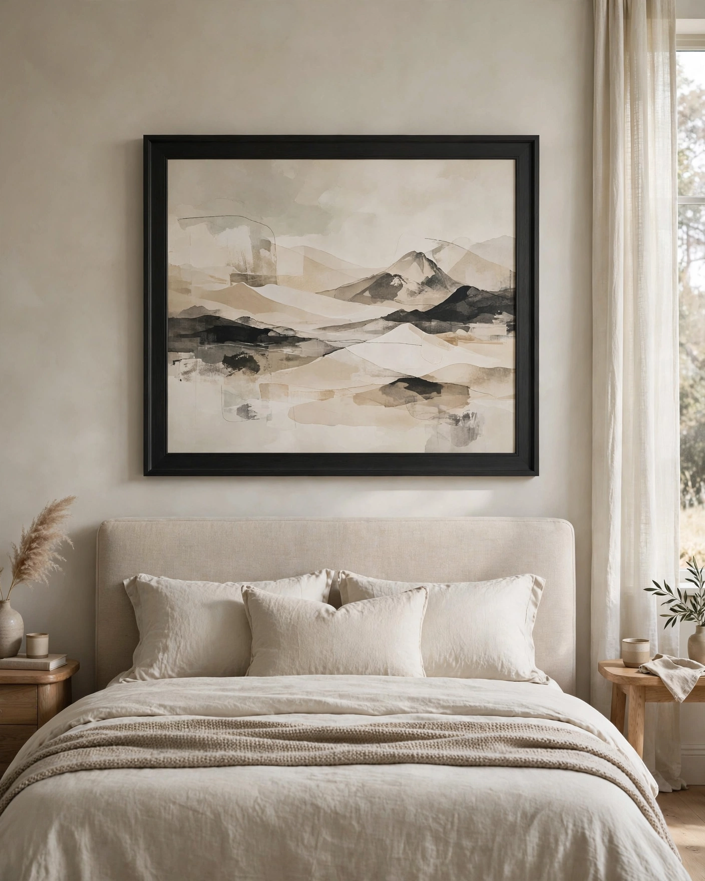 A large neutral abstract landscape hangs above a softly styled upholstered bed.