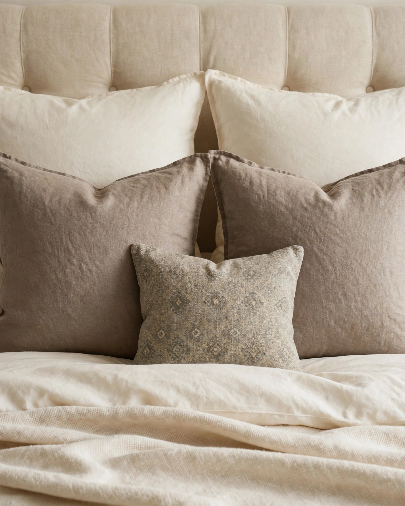Ivory and taupe pillows in complementary textures are arranged against a neutral headboard.
