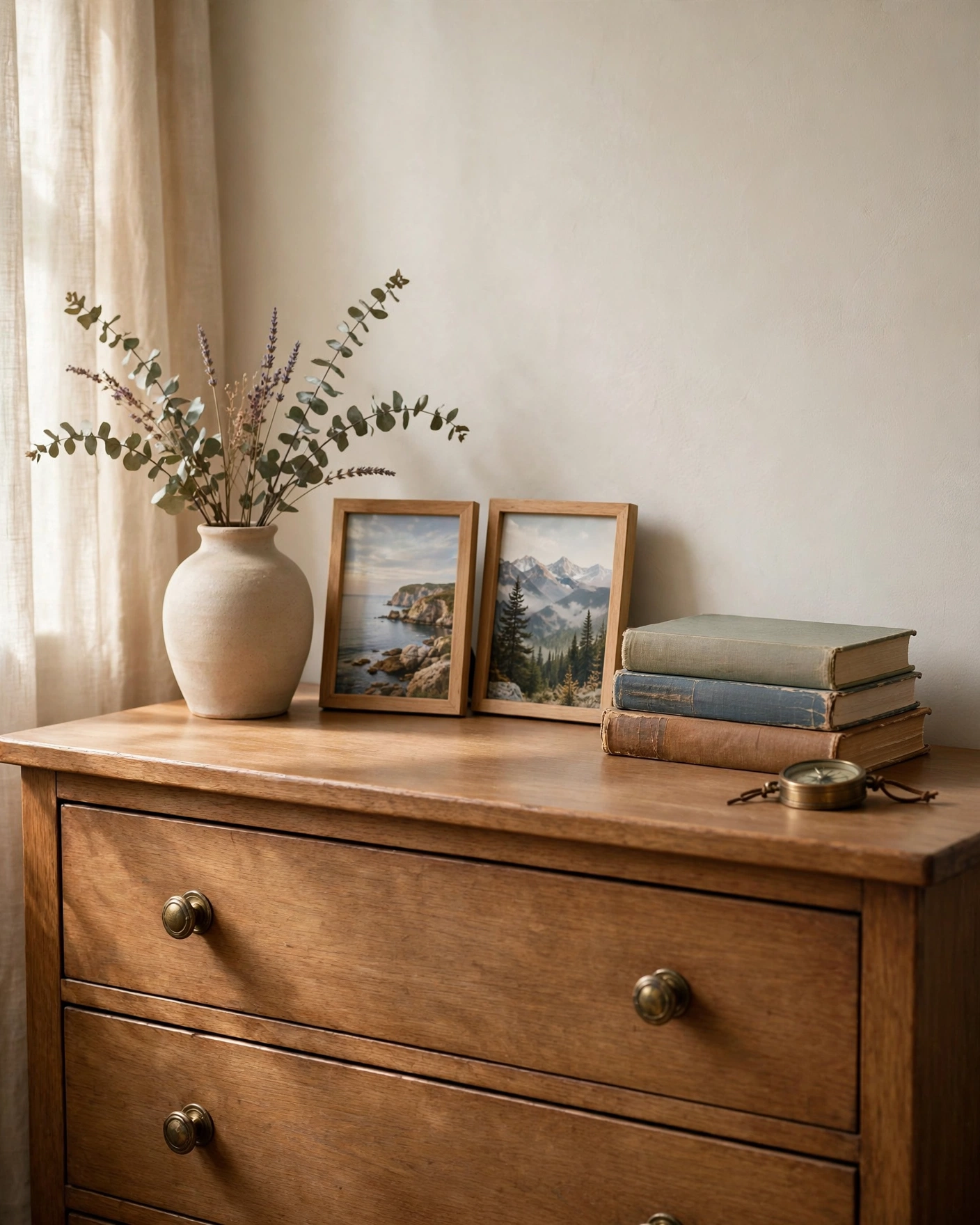 Framed photographs, favorite books, and a keepsake personalize a bedroom dresser.