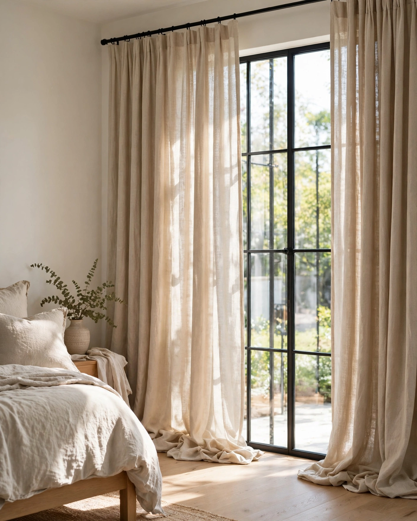 Full-length beige curtains frame a bedroom window and soften the natural daylight.
