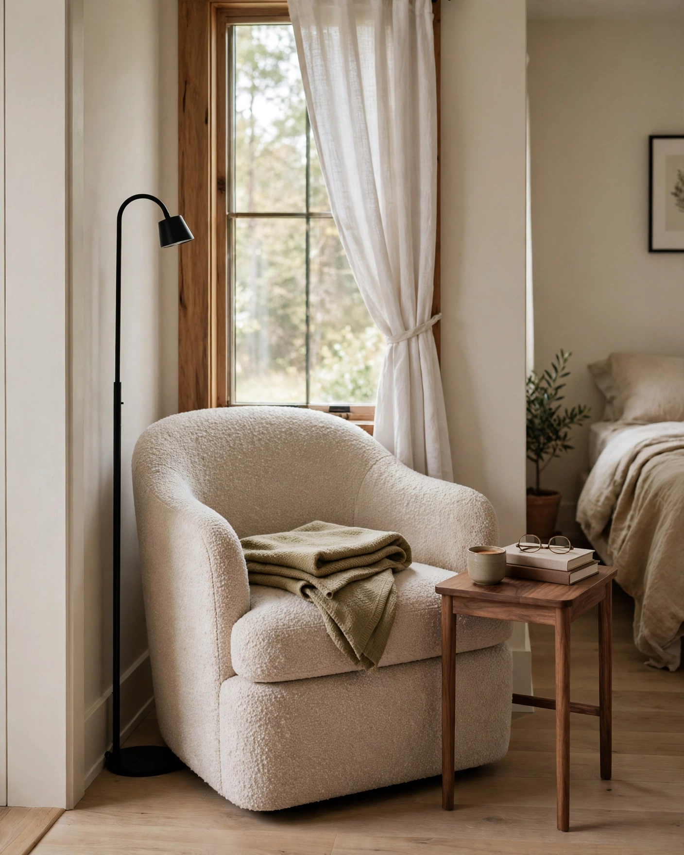 A compact bedroom reading nook with an oatmeal chair, floor lamp, and small side table.