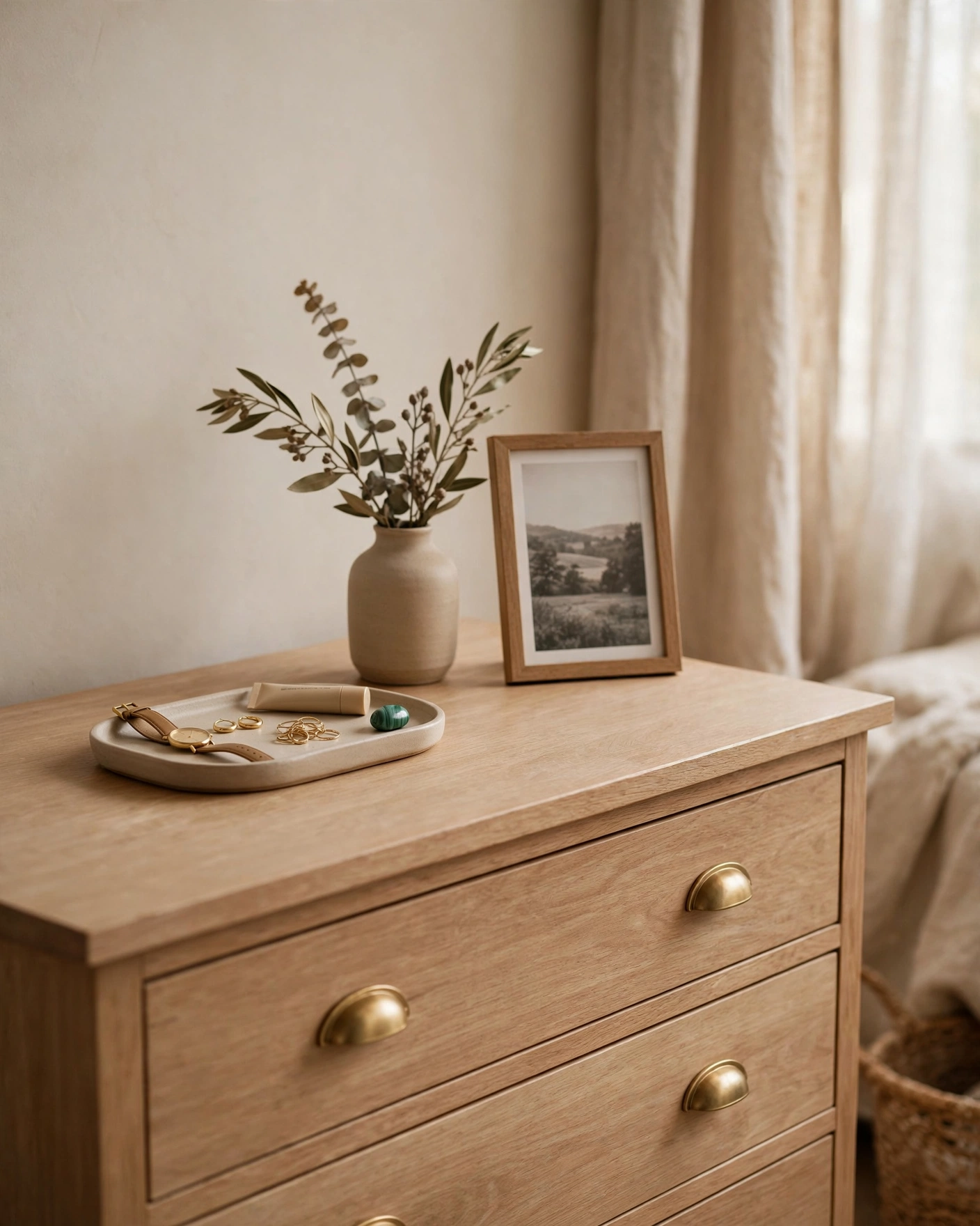 A bedroom dresser is styled with a ceramic tray, vase, and framed photo, leaving clear surface space.