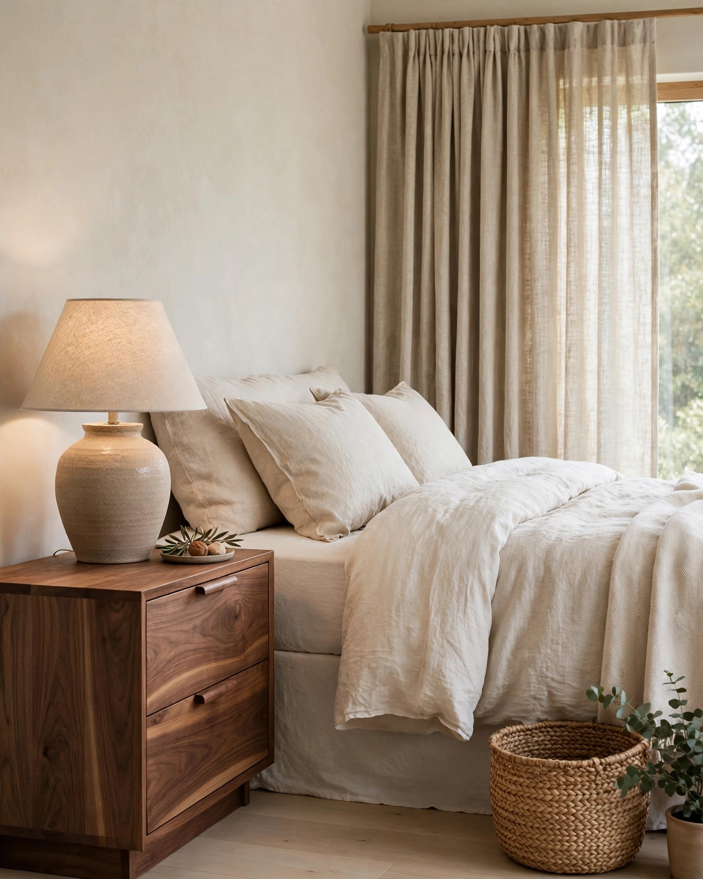 Wood, ceramic, linen, cotton, and woven textures create a cohesive bedroom design.