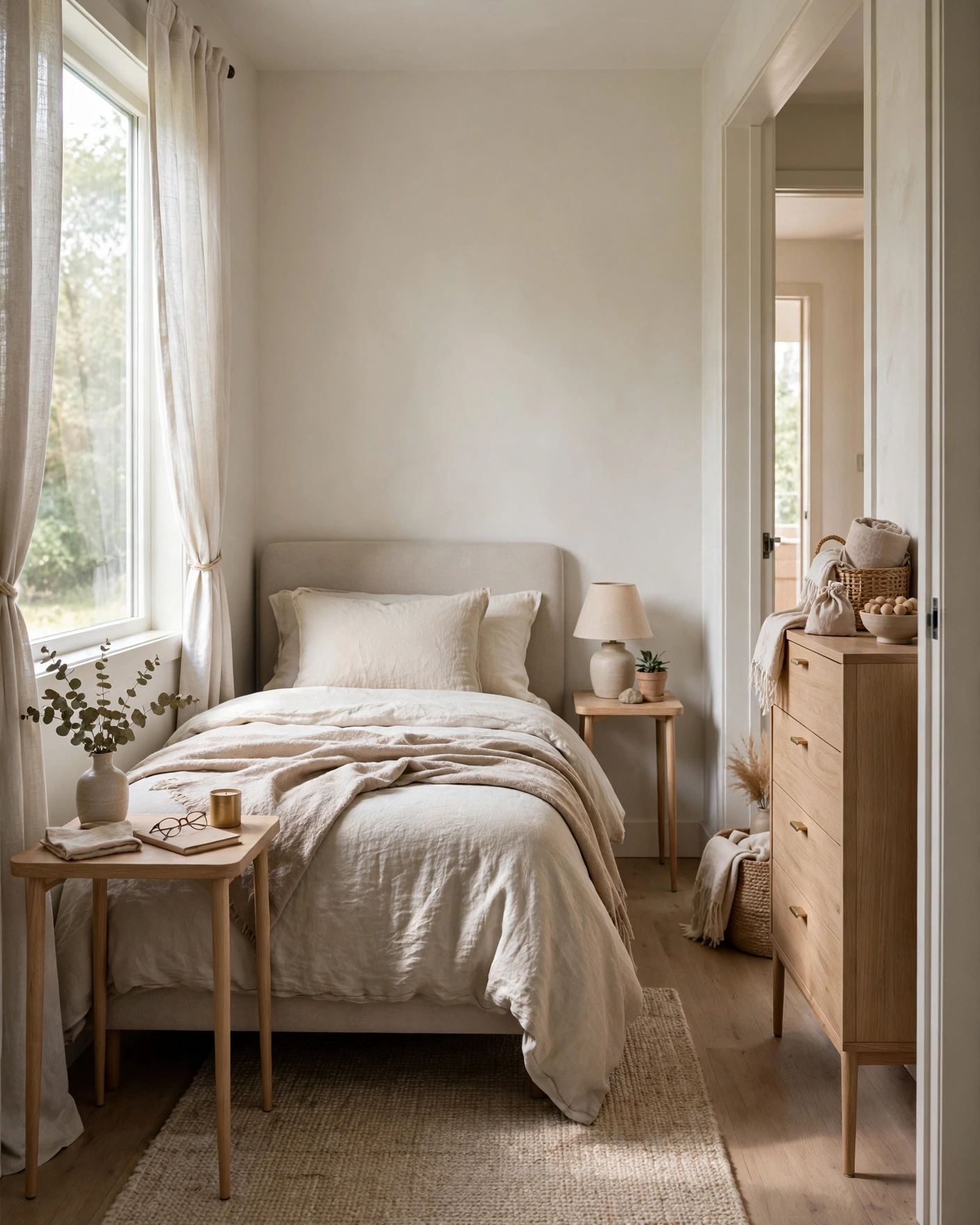 Slim bedside tables and appropriately scaled furniture keep a small bedroom open.