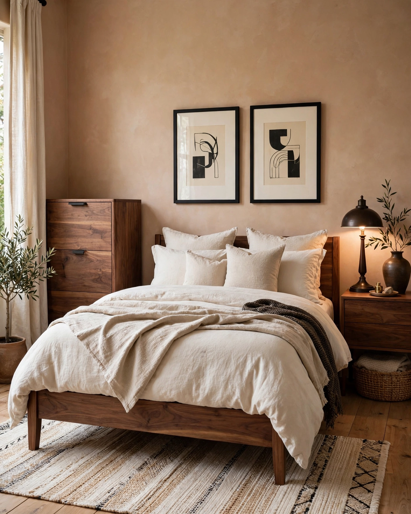 Black picture frames and a dark bedside lamp add contrast to a warm neutral bedroom.