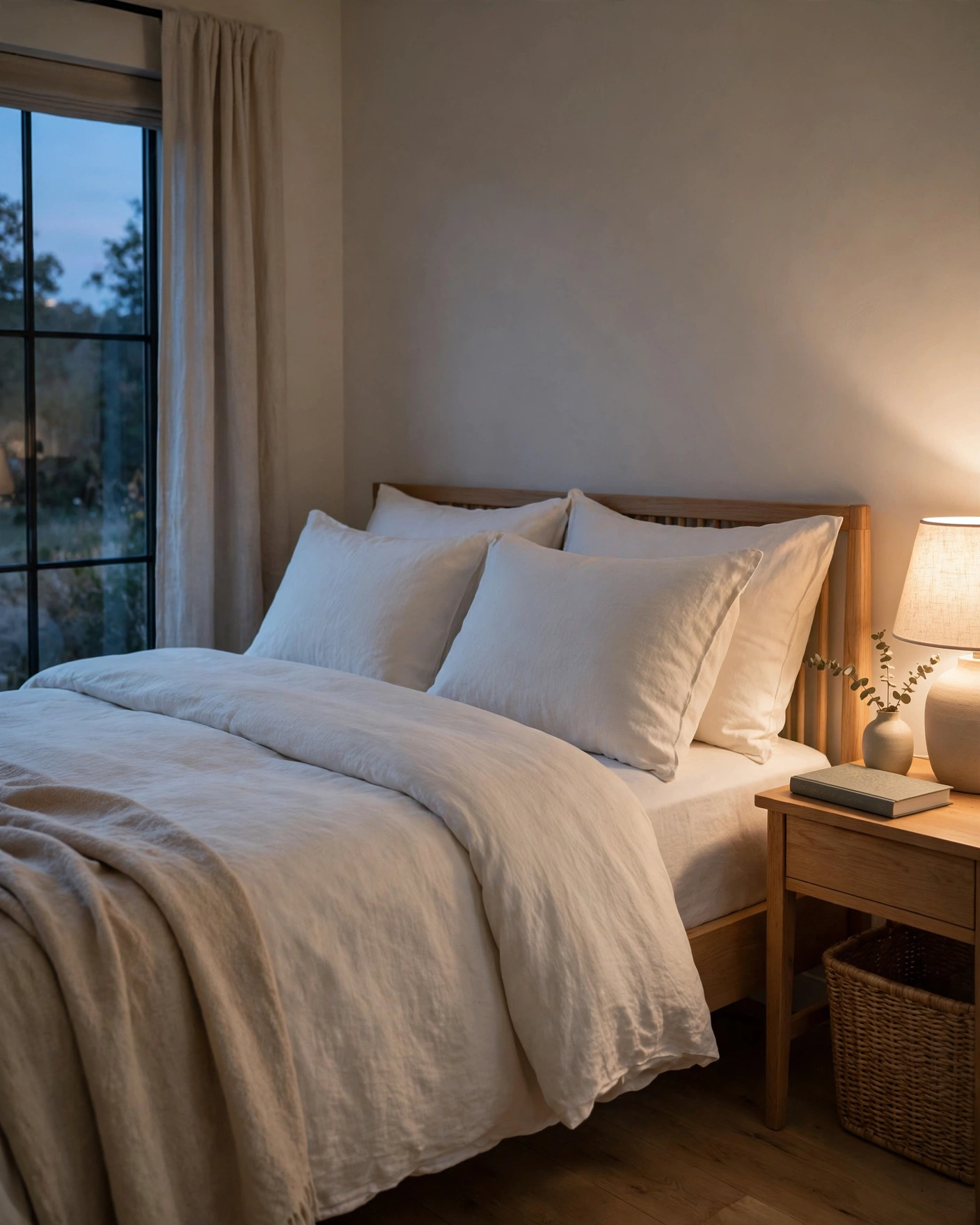 A softly lit bedroom with fresh bedding and a book creates a calm evening atmosphere.
