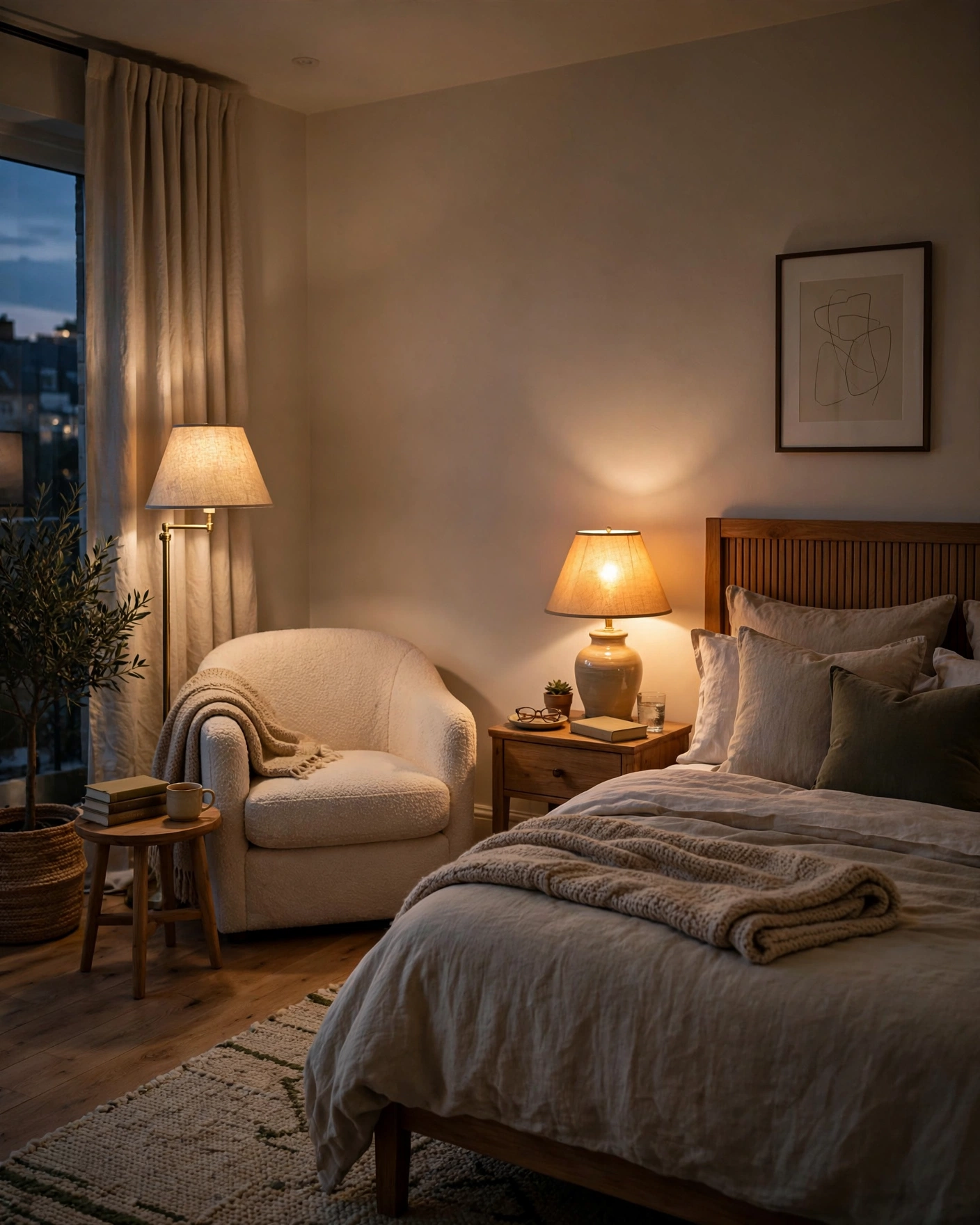 Bedside and floor lamps provide layered, warm lighting in a cozy bedroom.