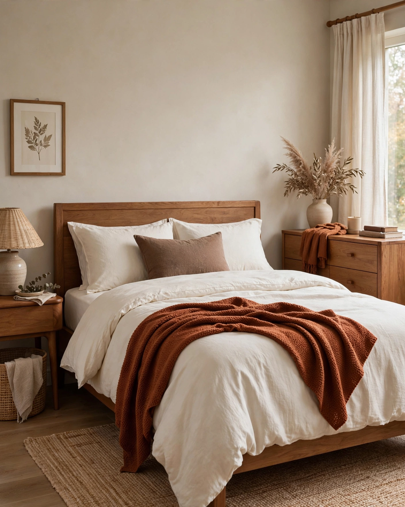 A rust-colored throw and muted brown pillow add fall colors to neutral bedding.
