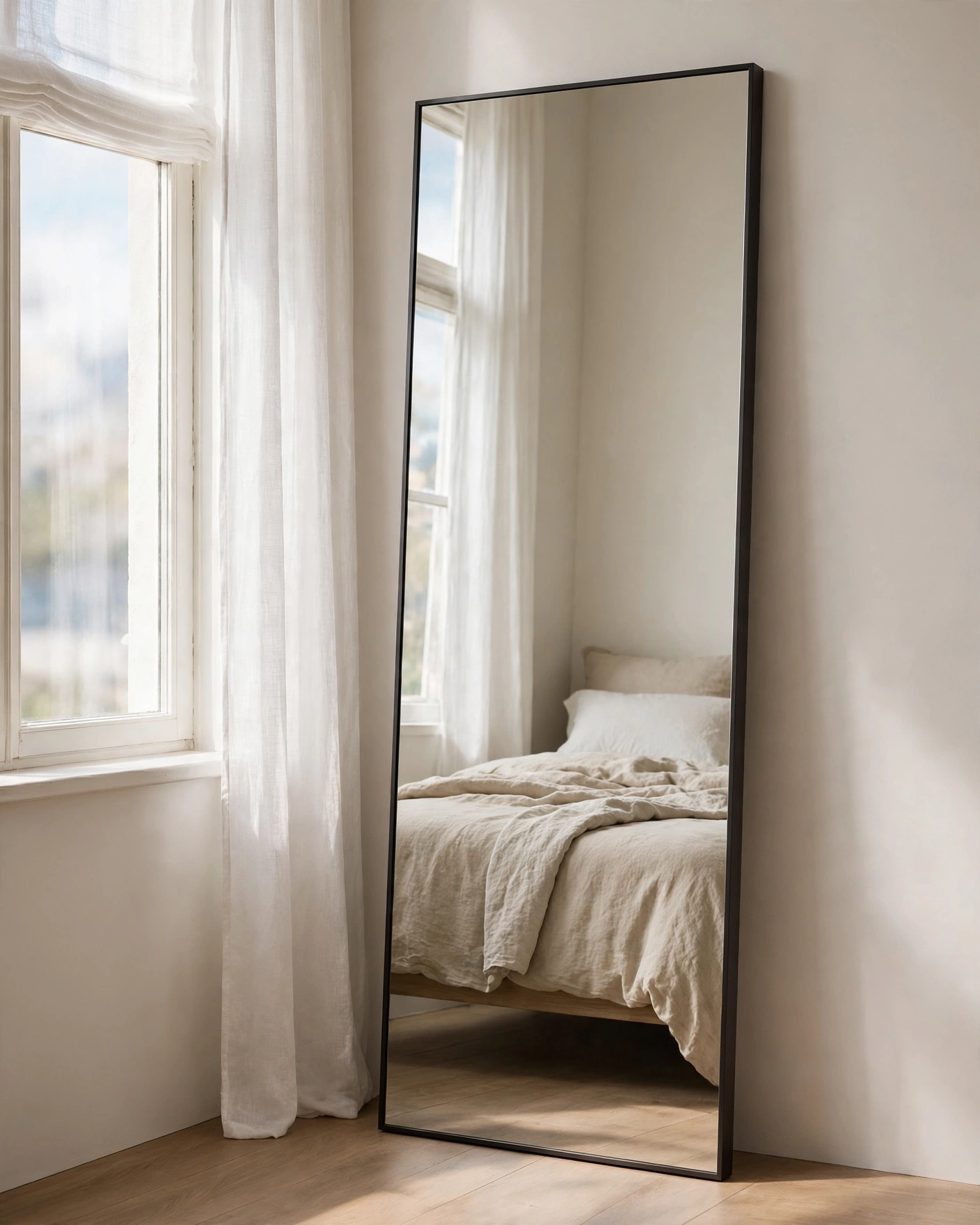 A full-length mirror beside a bedroom window reflects daylight into the room.