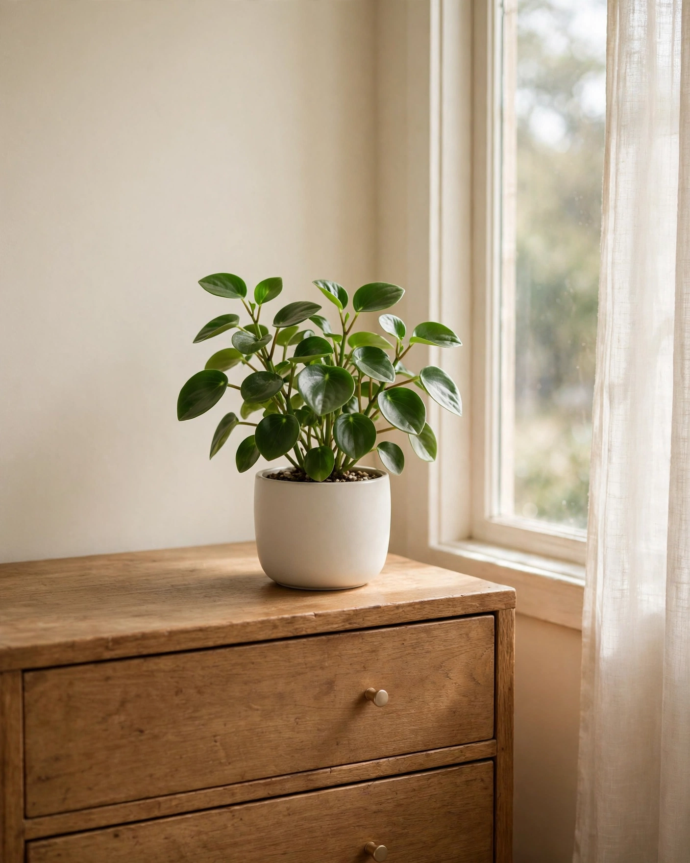 A leafy houseplant in a ceramic planter brings a natural accent to a bedroom dresser.