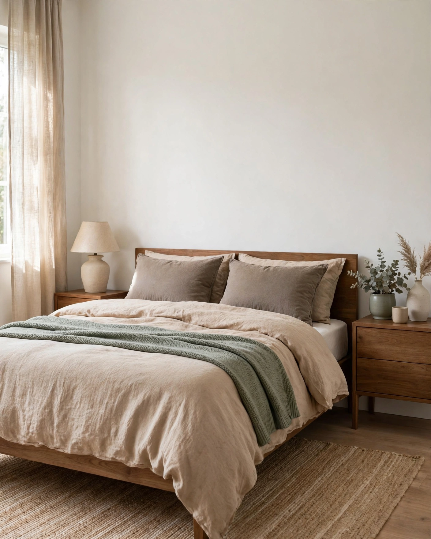 Warm neutral bedroom decorated with cream, taupe, muted sage, and natural wood accents.