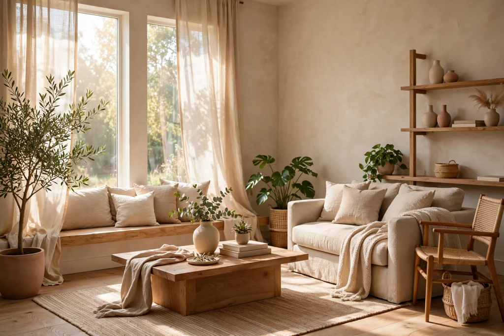 Sunlit neutral living room with beige seating, plants, and natural wood decor
