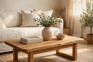Natural oak coffee table with a ceramic vase and neutral books in front of a cream sofa and woven area rug.