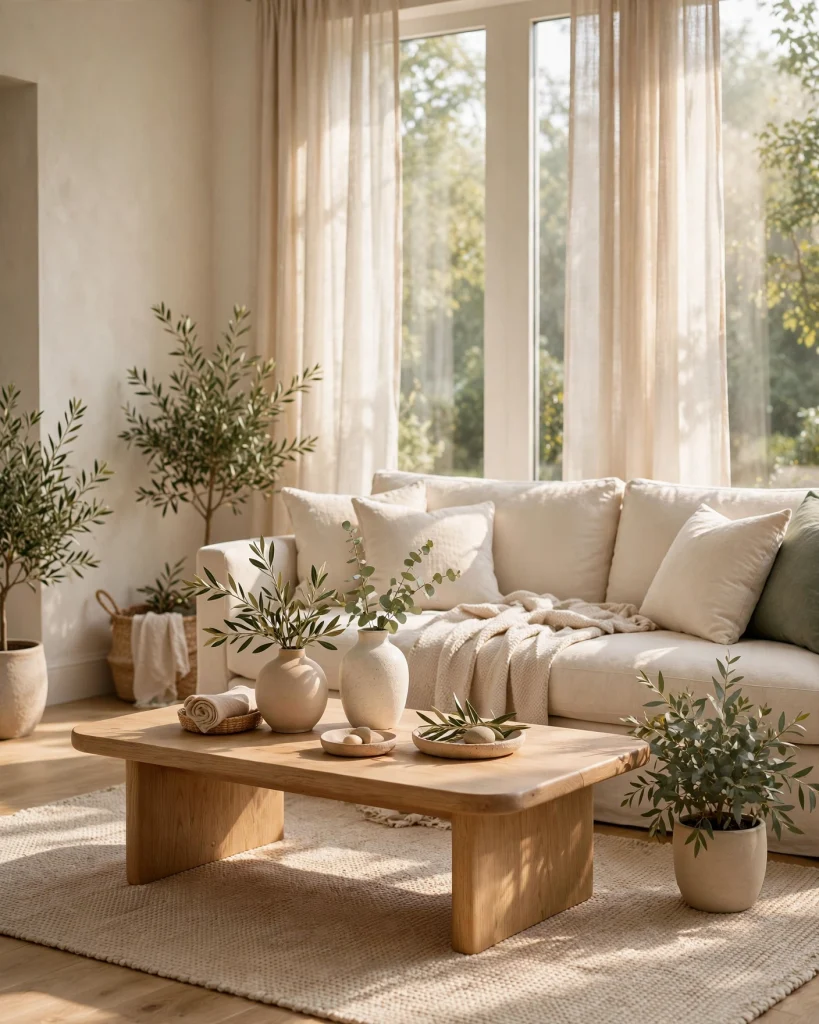 Bright neutral living room with cream sofa, natural wood furniture, and green plants