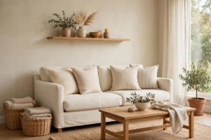 Organized living room with woven storage baskets, neatly folded blankets, oak shelving, and a cream sofa.