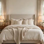 Cozy bedroom with layered cream bedding, a neutral upholstered headboard, warm wood nightstands, and soft bedside lighting.