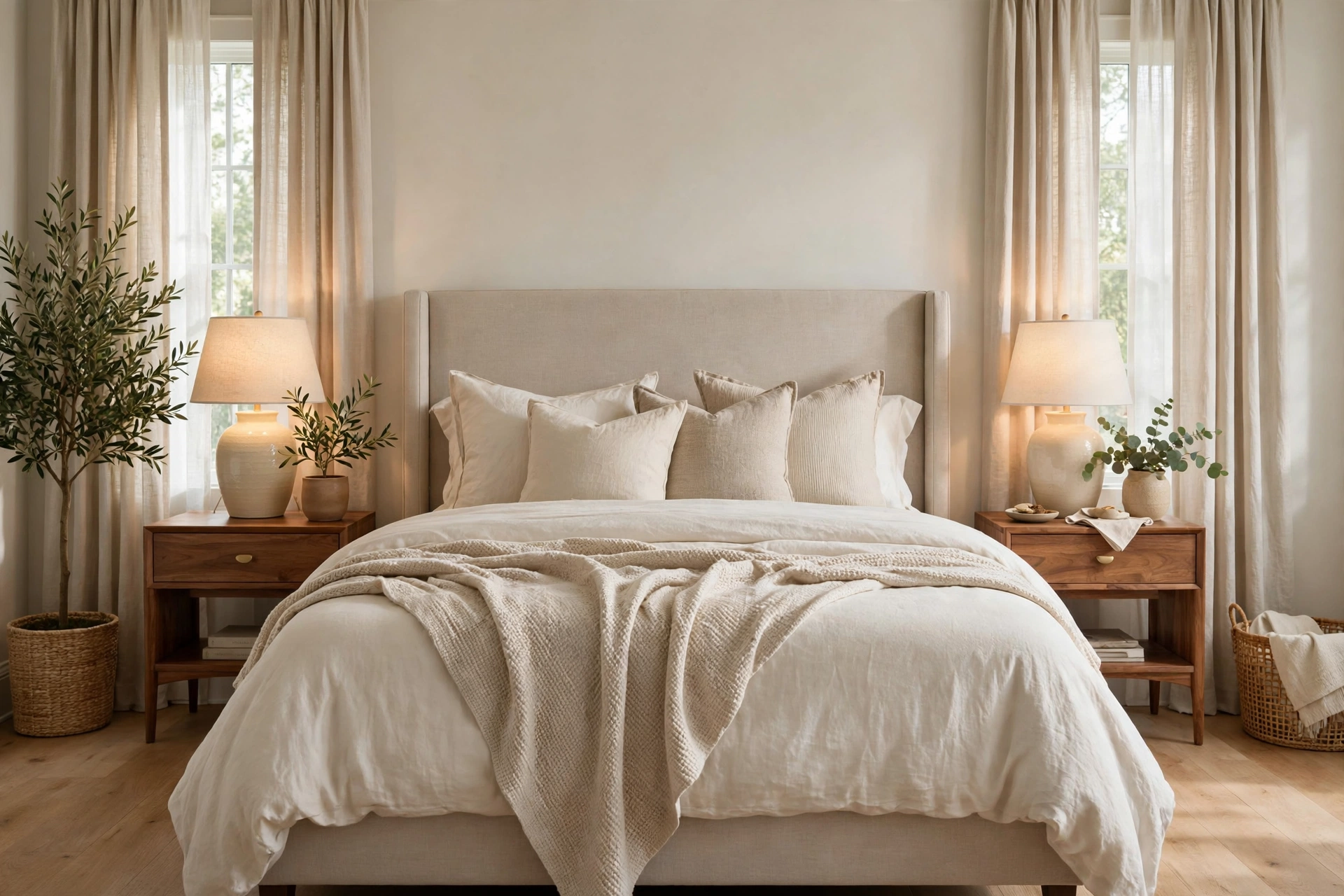 Cozy bedroom with layered cream bedding, a neutral upholstered headboard, warm wood nightstands, and soft bedside lighting.