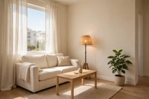 Small living room with a compact cream sofa, light curtains, a wooden coffee table, an indoor plant, and warm neutral decor.