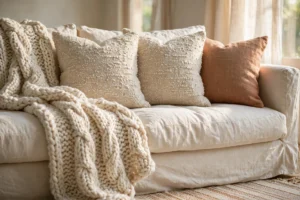 Cream sofa styled with textured oatmeal cushions, an ivory knitted throw blanket, and a soft neutral area rug