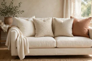 Cream sofa decorated with ivory linen cushions, textured beige pillows, and a muted terracotta accent cushion.
