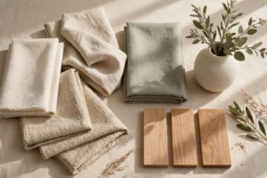 Warm neutral home decor palette featuring cream and beige fabric swatches, muted sage green, natural oak, and a ceramic vase.