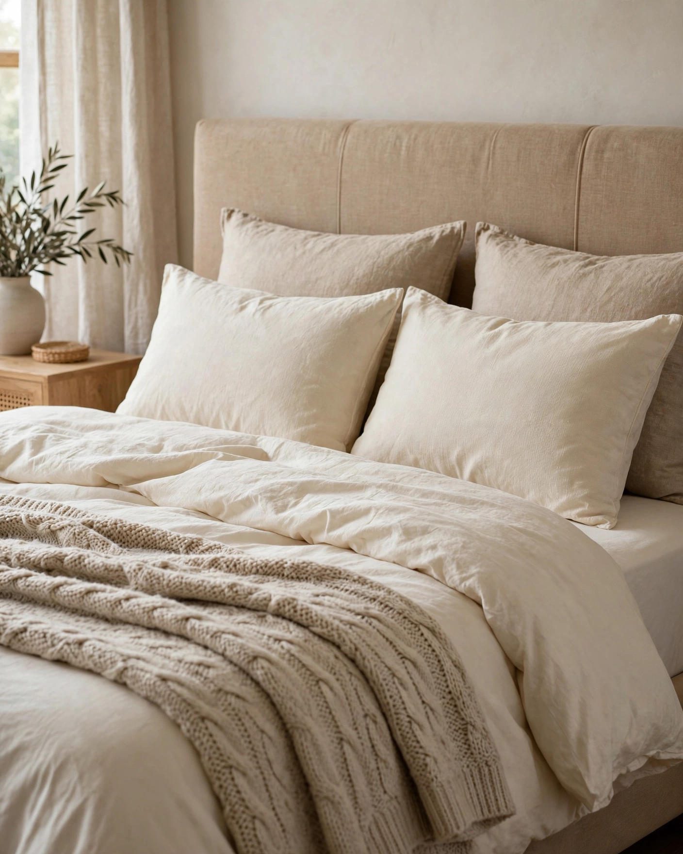 Ivory bedding layered with neutral pillows and a chunky oatmeal throw on a cozy upholstered bed.