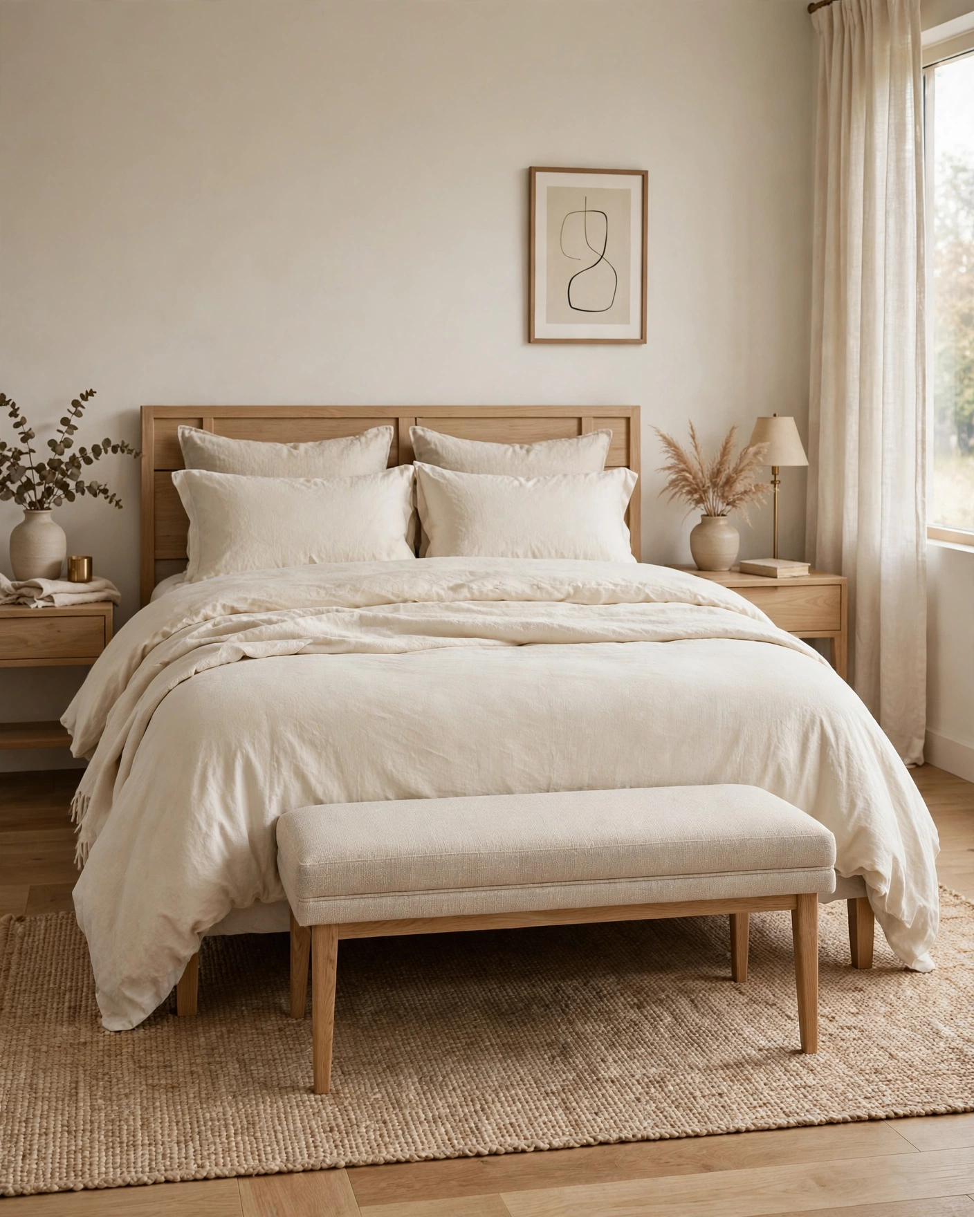 A narrow oatmeal upholstered bench sits at the foot of a neatly made bed.