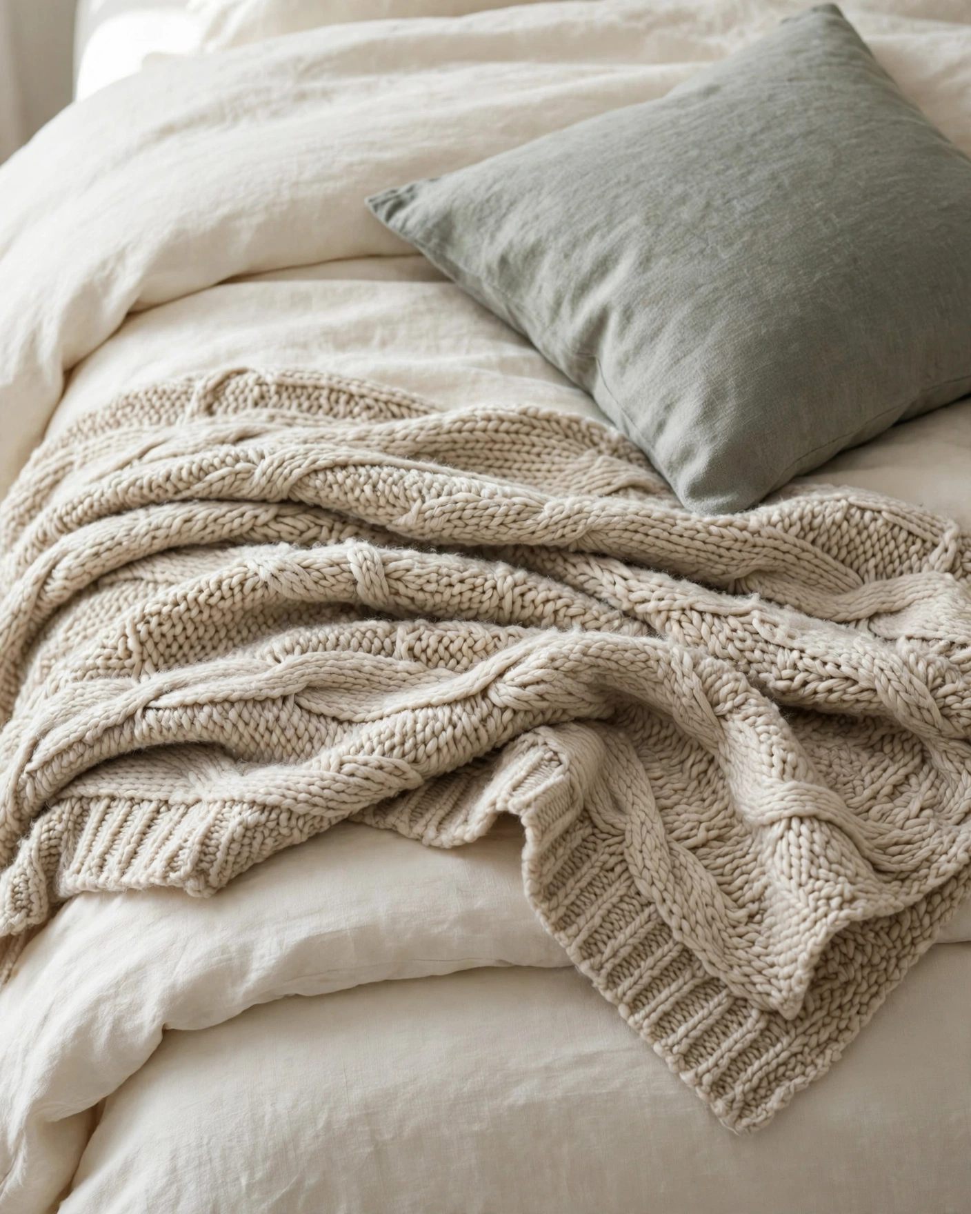 An oatmeal knit throw adds texture to the foot of a cream-covered bed.