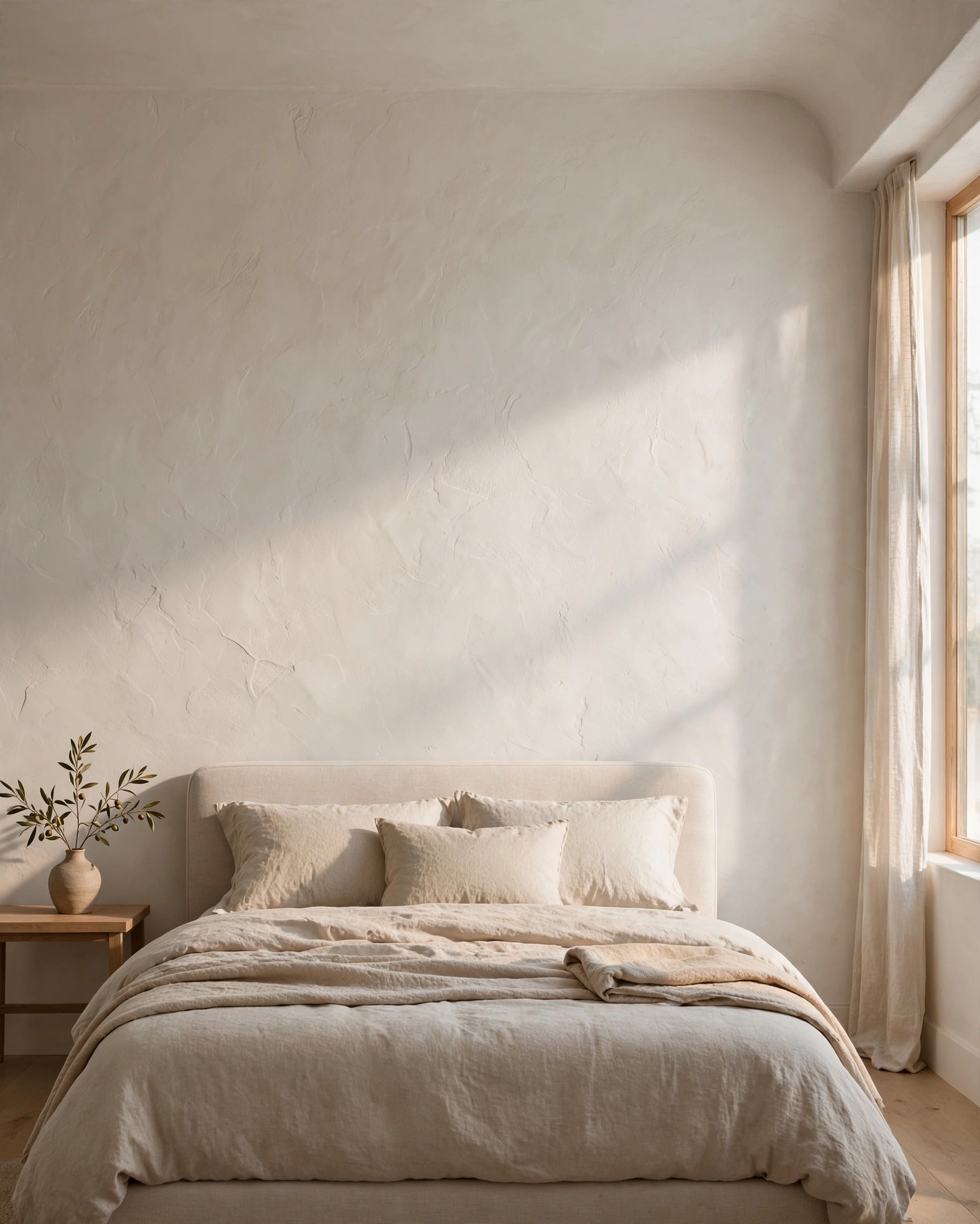 A softly textured warm-white wall adds depth behind a neutral upholstered bed.