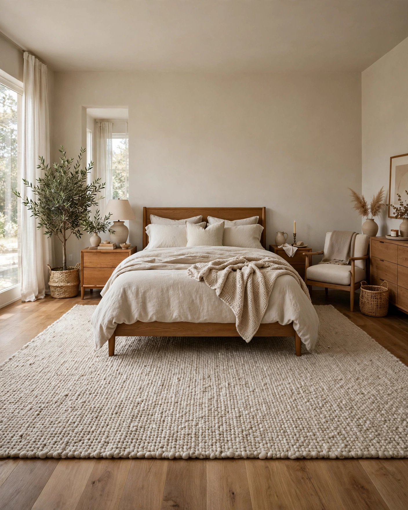 A large oatmeal area rug extends around a bed on a warm oak bedroom floor.