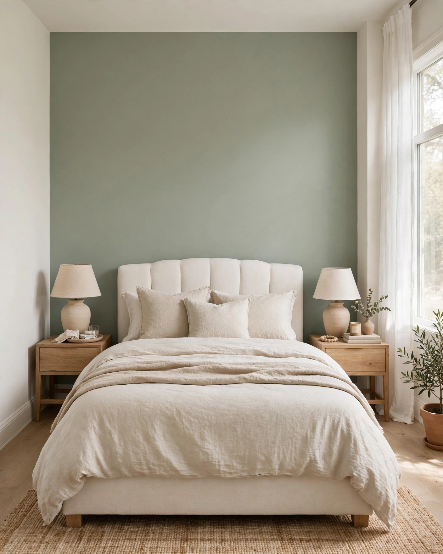 A muted sage accent wall creates a calm focal point behind a cream bed.