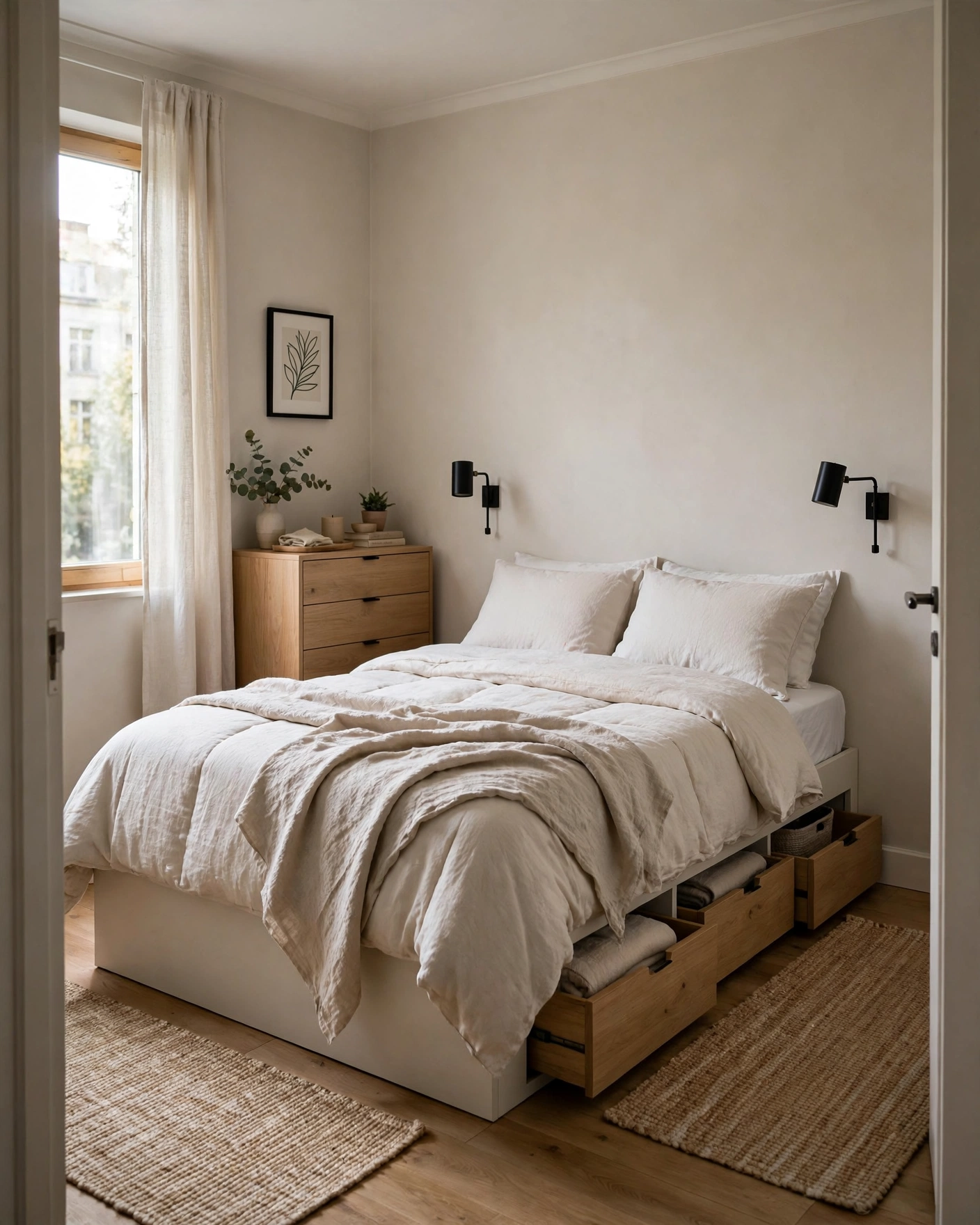 A compact apartment bedroom uses wall lights and under-bed storage to preserve floor space.