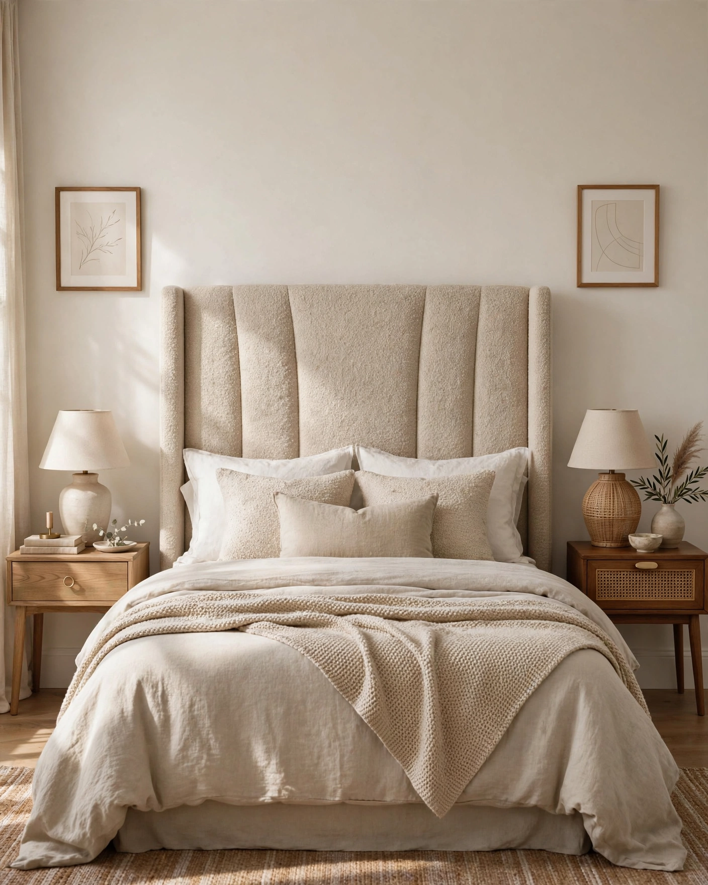 A tall oatmeal upholstered headboard anchors a neutral bedroom with layered bedding.