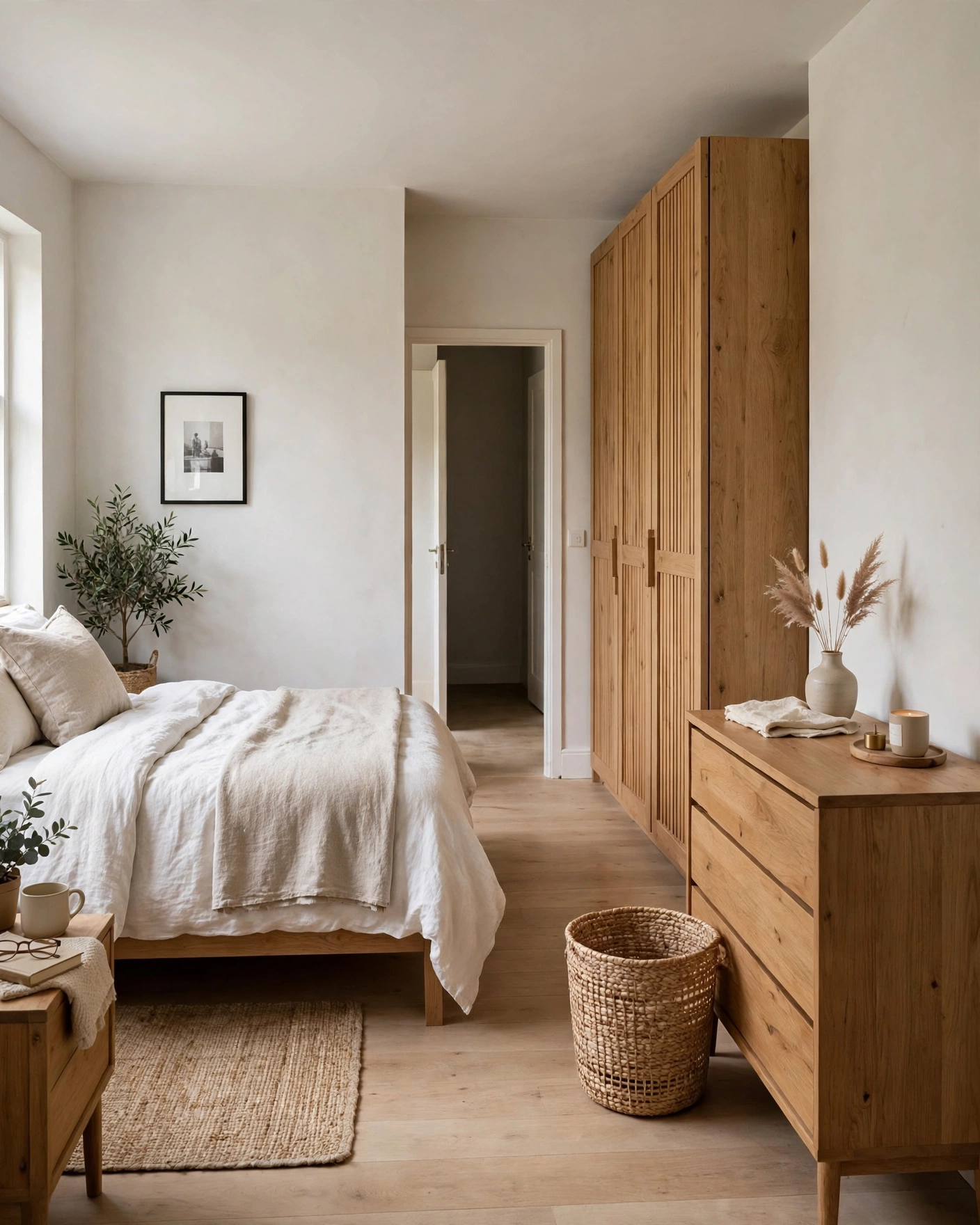 A tidy bedroom has clear walkways, an uncluttered floor, and a neatly placed laundry basket.