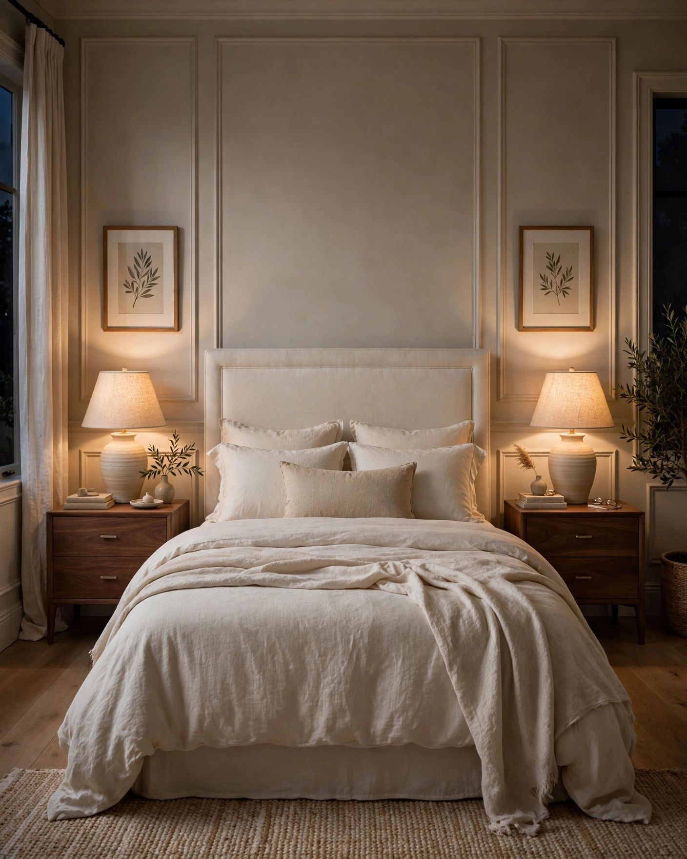 Ceramic bedside lamps cast a warm glow over walnut nightstands and cream bedroom bedding.