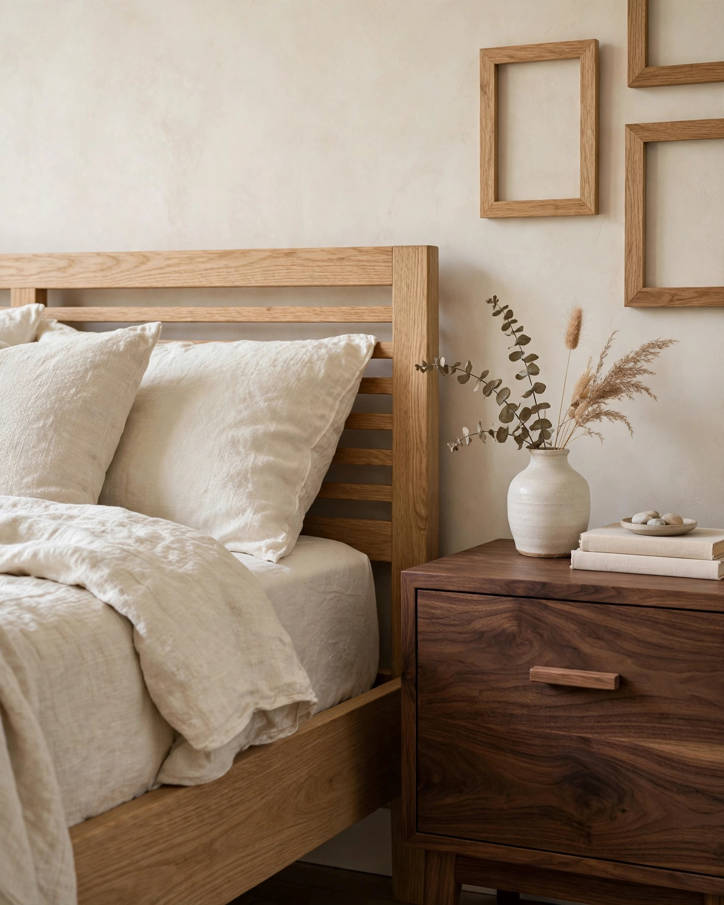 Walnut nightstand and oak bed frame add natural warmth to a cream bedroom.